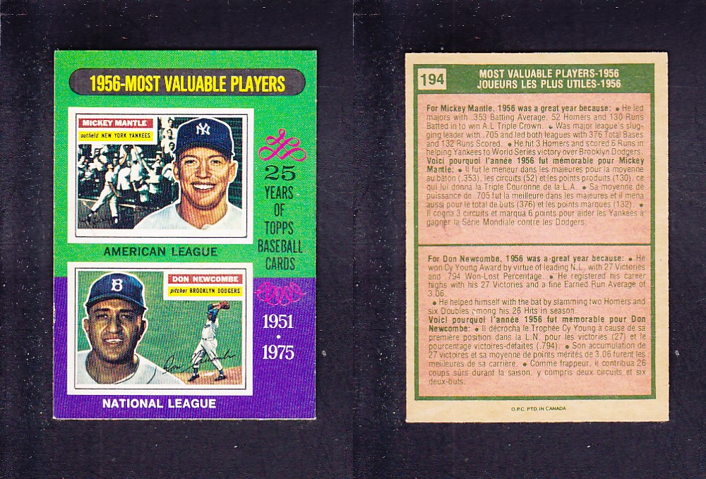1975 O-PEE-CHEE BASEBALL CARD #194 1956-MOST VALUABLE PLAYERS photo 1975 O-PEE-CHEE BASEBALL CARD #194 1956-MOST VALUABLE PLAYERS photo