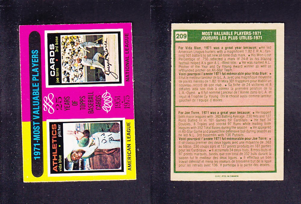 1975 O-PEE-CHEE BASEBALL CARD #209 1971-MOST VALUABLE PLAYERS photo 1975 O-PEE-CHEE BASEBALL CARD #209 1971-MOST VALUABLE PLAYERS photo