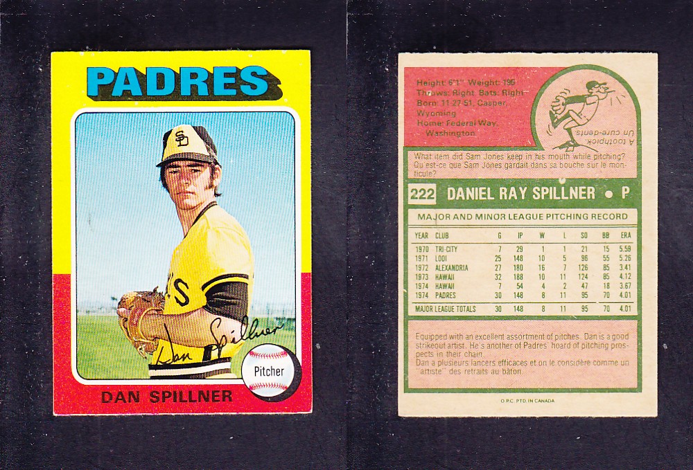 1975 O-PEE-CHEE BASEBALL CARD #222 D. SPILLNER photo 1975 O-PEE-CHEE BASEBALL CARD #222 D. SPILLNER photo