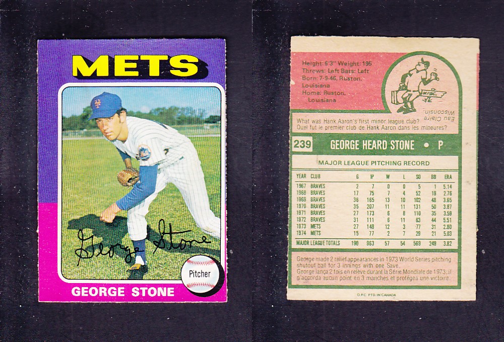 1975 O-PEE-CHEE BASEBALL CARD #239 G. STONE photo 1975 O-PEE-CHEE BASEBALL CARD #239 G. STONE photo