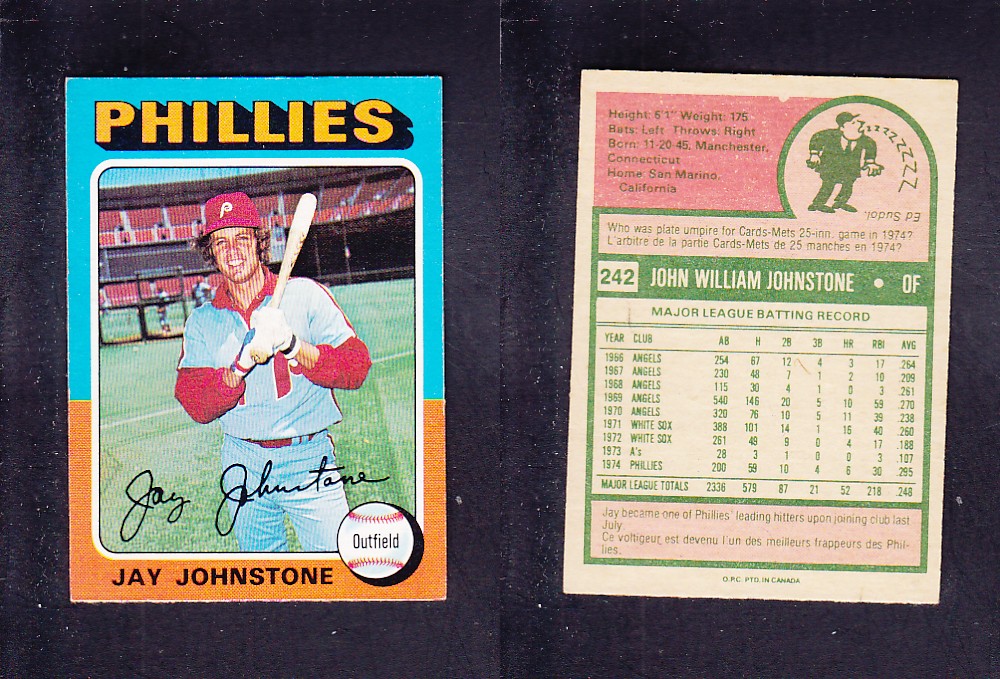 1975 O-PEE-CHEE BASEBALL CARD #242 J. JOHNSTONE photo 1975 O-PEE-CHEE BASEBALL CARD #242 J. JOHNSTONE photo
