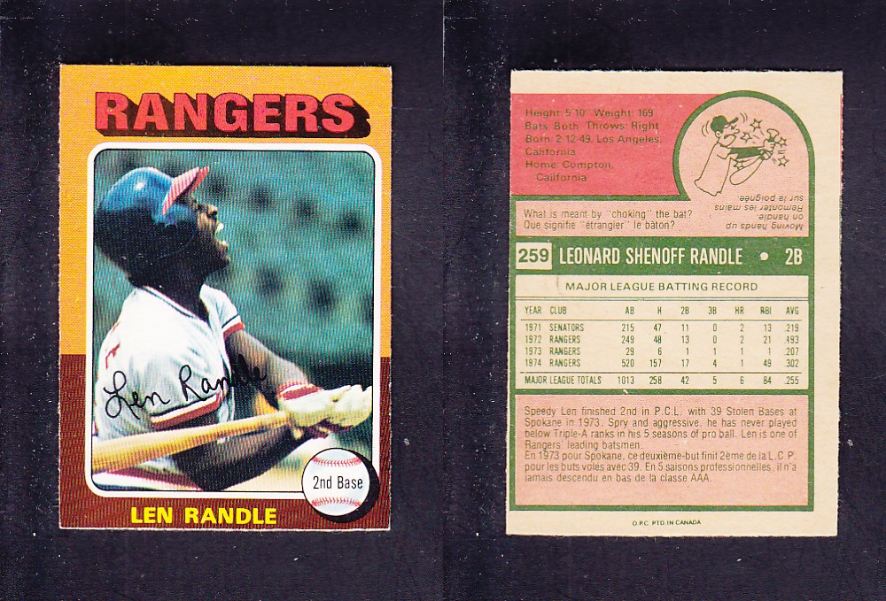 1975 O-PEE-CHEE BASEBALL CARD #259 L. RANDLE photo 1975 O-PEE-CHEE BASEBALL CARD #259 L. RANDLE photo