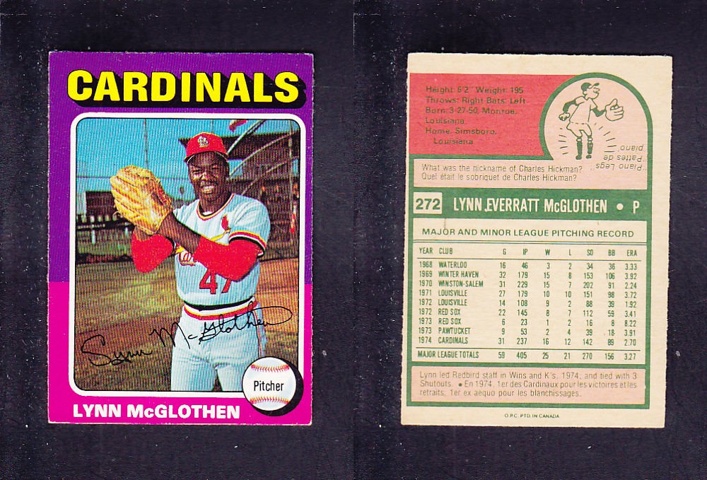 1975 O-PEE-CHEE BASEBALL CARD #272 L. McGLOTHEN photo 1975 O-PEE-CHEE BASEBALL CARD #272 L. McGLOTHEN photo