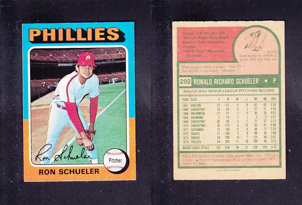 1975 O-PEE-CHEE BASEBALL CARD #292 R. SCHUELER photo 1975 O-PEE-CHEE BASEBALL CARD #292 R. SCHUELER photo