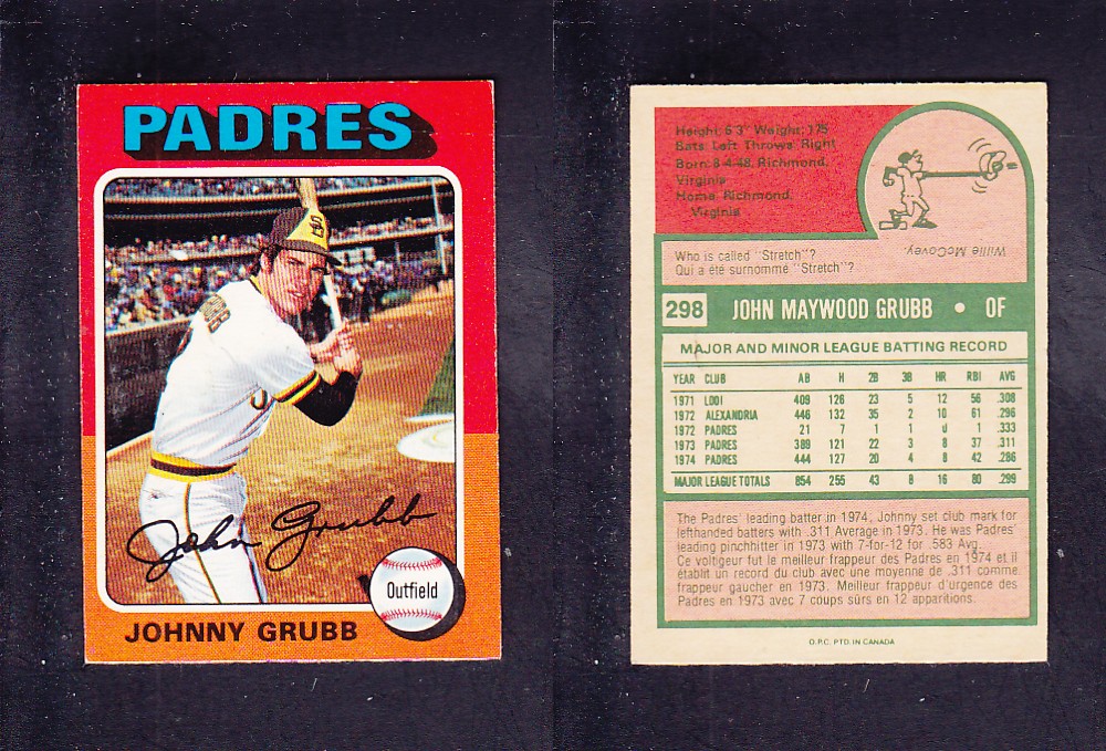 1975 O-PEE-CHEE BASEBALL CARD #298 J. GRUBB photo 1975 O-PEE-CHEE BASEBALL CARD #298 J. GRUBB photo