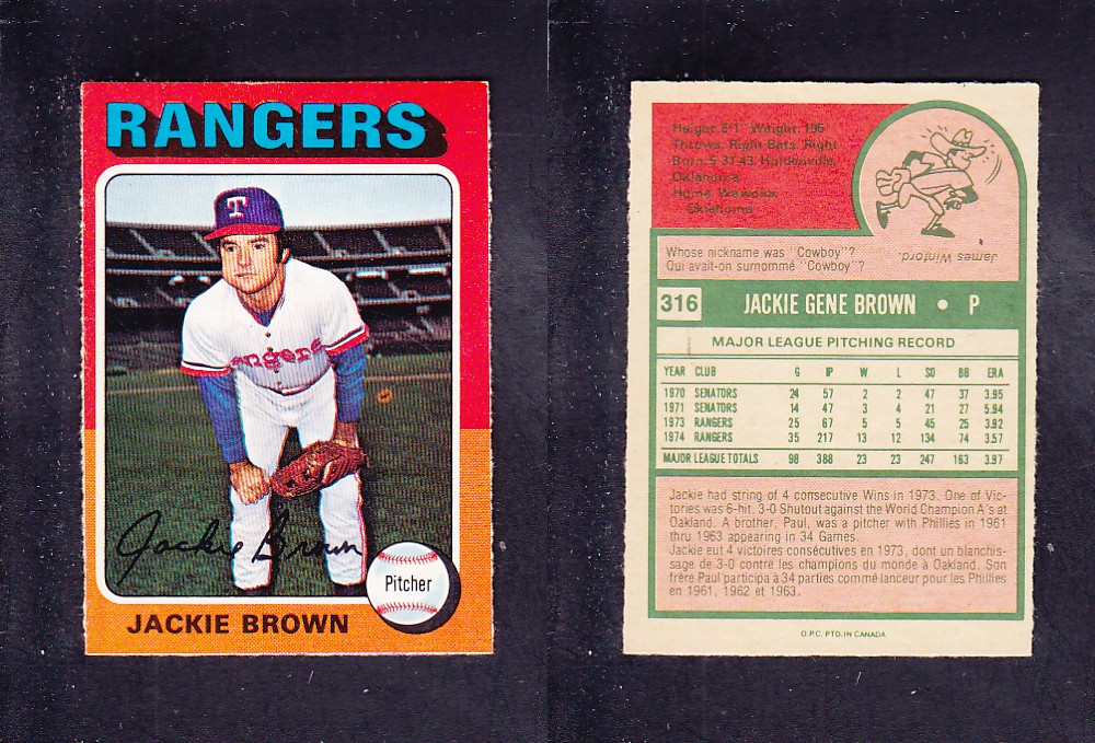 1975 O-PEE-CHEE BASEBALL CARD #316 J. BROWN photo 1975 O-PEE-CHEE BASEBALL CARD #316 J. BROWN photo