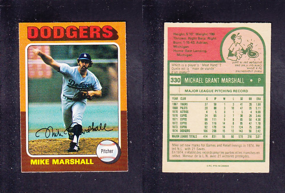 1975 O-PEE-CHEE BASEBALL CARD #330 M. MARSHALL photo 1975 O-PEE-CHEE BASEBALL CARD #330 M. MARSHALL photo
