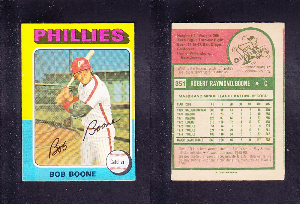 1975 O-PEE-CHEE BASEBALL CARD #351 B. BOONE photo 1975 O-PEE-CHEE BASEBALL CARD #351 B. BOONE photo