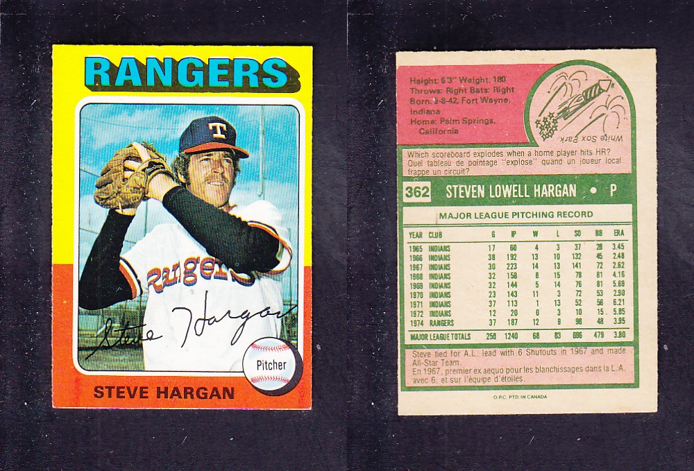 1975 O-PEE-CHEE BASEBALL CARD #362 S. HARGAN photo 1975 O-PEE-CHEE BASEBALL CARD #362 S. HARGAN photo