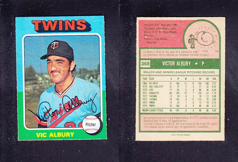 1975 O-PEE-CHEE BASEBALL CARD #368 V. ALBURY photo 1975 O-PEE-CHEE BASEBALL CARD #368 V. ALBURY photo