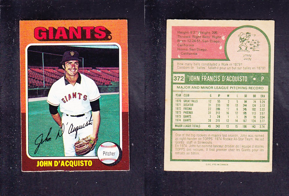 1975 O-PEE-CHEE BASEBALL CARD #372 J. D'ACQUISTO photo 1975 O-PEE-CHEE BASEBALL CARD #372 J. D'ACQUISTO photo