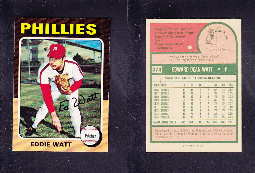 1975 O-PEE-CHEE BASEBALL CARD #374 E. WATT photo 1975 O-PEE-CHEE BASEBALL CARD #374 E. WATT photo