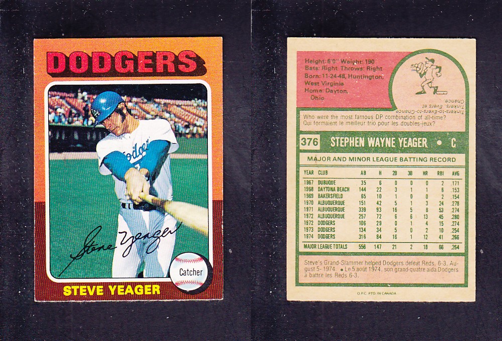 1975 O-PEE-CHEE BASEBALL CARD #376 S. YEAGER photo 1975 O-PEE-CHEE BASEBALL CARD #376 S. YEAGER photo