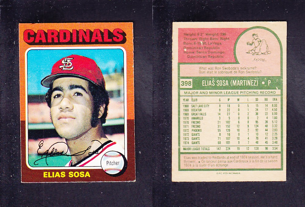 1975 O-PEE-CHEE BASEBALL CARD #398 E. SOSA photo 1975 O-PEE-CHEE BASEBALL CARD #398 E. SOSA photo