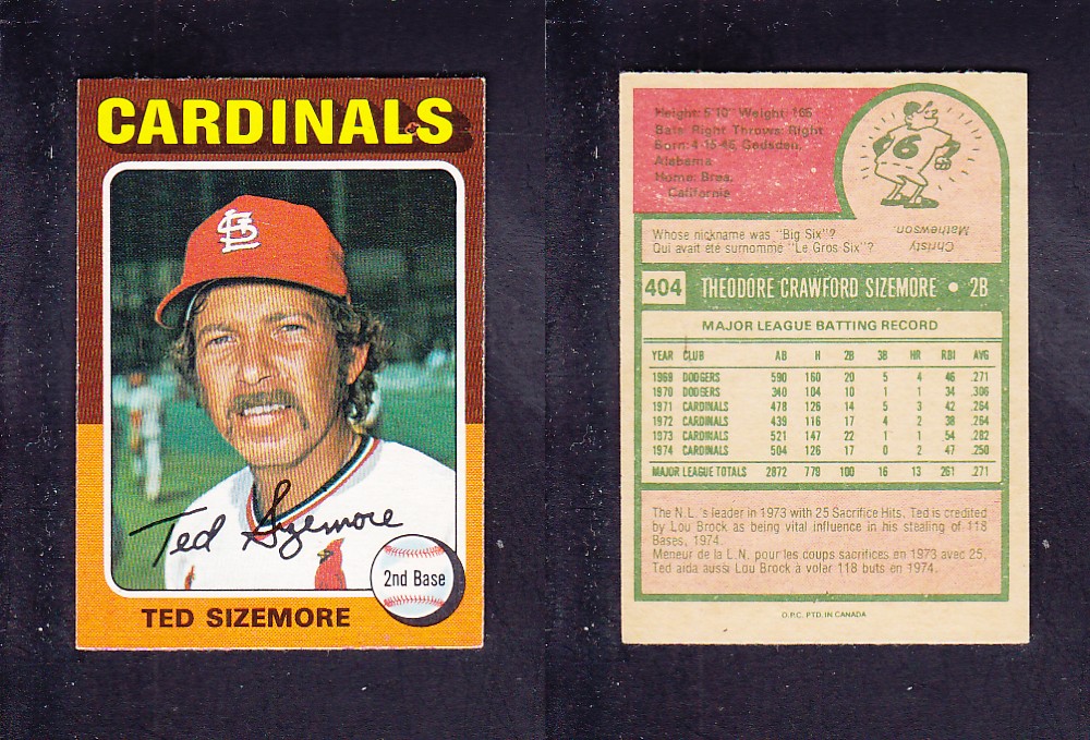 1975 O-PEE-CHEE BASEBALL CARD #404 T. SIZEMORE photo 1975 O-PEE-CHEE BASEBALL CARD #404 T. SIZEMORE photo