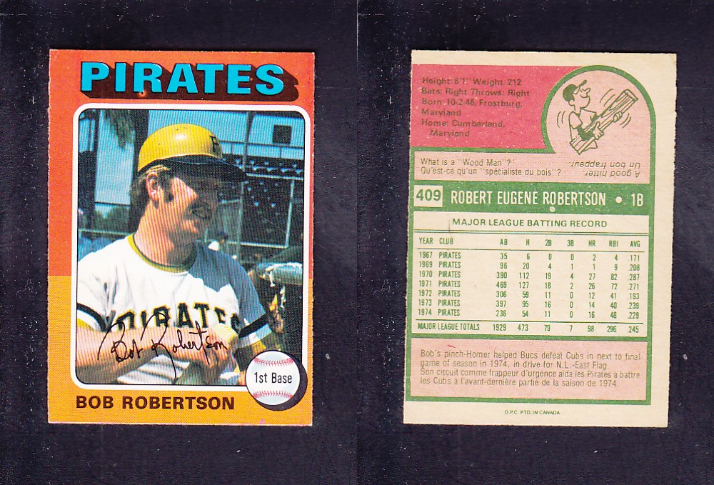 1975 O-PEE-CHEE BASEBALL CARD #409 B. ROBERTSON photo 1975 O-PEE-CHEE BASEBALL CARD #409 B. ROBERTSON photo