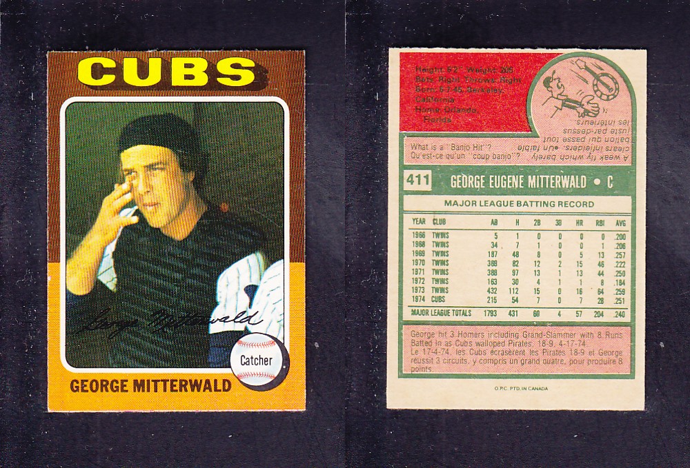 1975 O-PEE-CHEE BASEBALL CARD #411 G. MITTERWALD photo