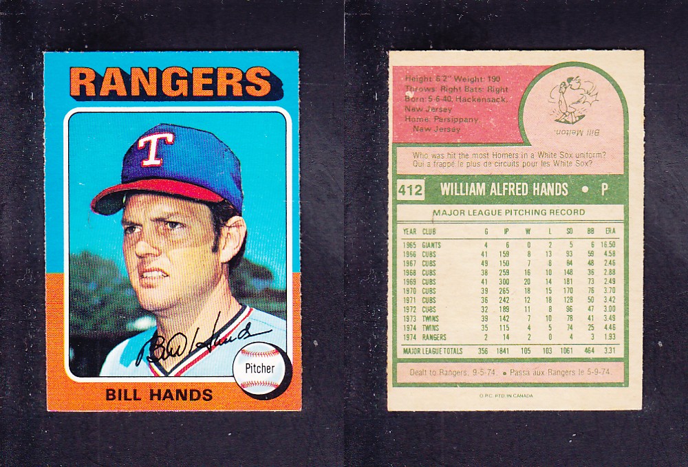 1975 O-PEE-CHEE BASEBALL CARD #412 B. HANDS photo 1975 O-PEE-CHEE BASEBALL CARD #412 B. HANDS photo