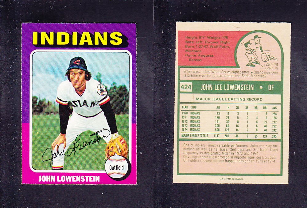 1975 O-PEE-CHEE BASEBALL CARD #424 J. LOWENSTEIN photo 1975 O-PEE-CHEE BASEBALL CARD #424 J. LOWENSTEIN photo