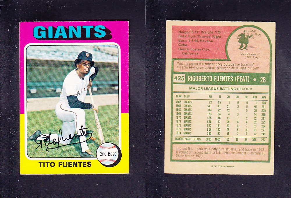 1975 O-PEE-CHEE BASEBALL CARD #425 T. FUENTES photo