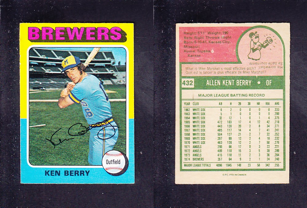 1975 O-PEE-CHEE BASEBALL CARD #432 K. BERRY photo 1975 O-PEE-CHEE BASEBALL CARD #432 K. BERRY photo