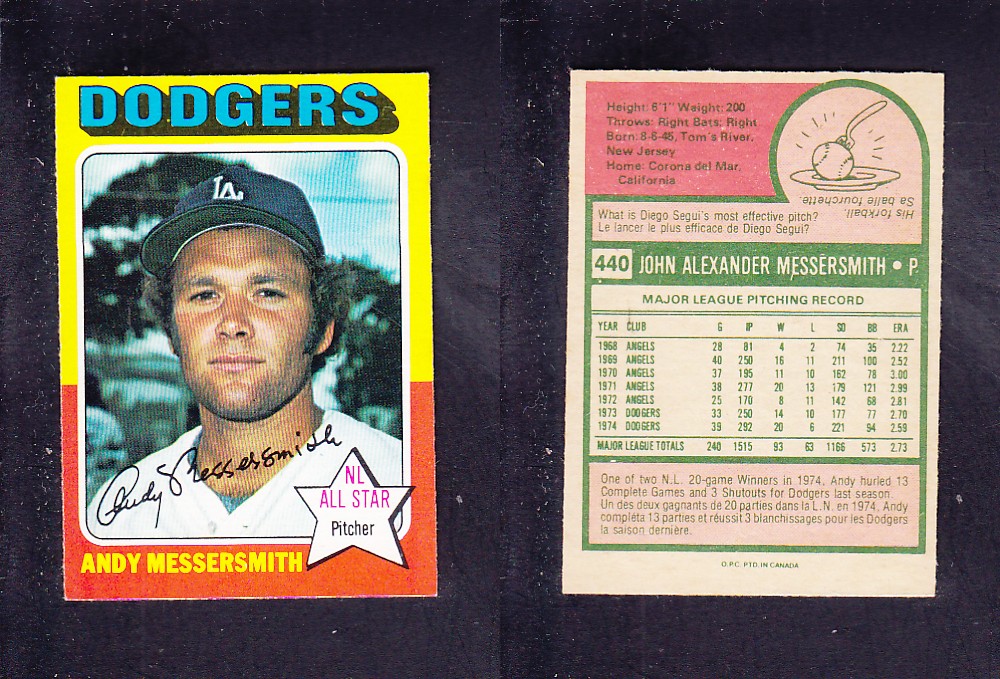 1975 O-PEE-CHEE BASEBALL CARD #440 A. MESSERSMITH photo 1975 O-PEE-CHEE BASEBALL CARD #440 A. MESSERSMITH photo