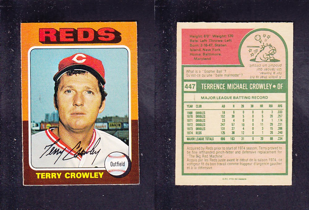 1975 O-PEE-CHEE BASEBALL CARD #447 T. CROWLEY photo