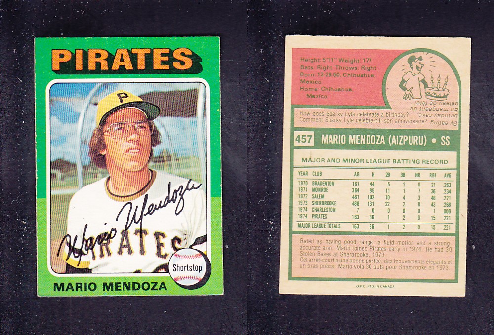 1975 O-PEE-CHEE BASEBALL CARD #457 M. MENDOZA photo 1975 O-PEE-CHEE BASEBALL CARD #457 M. MENDOZA photo