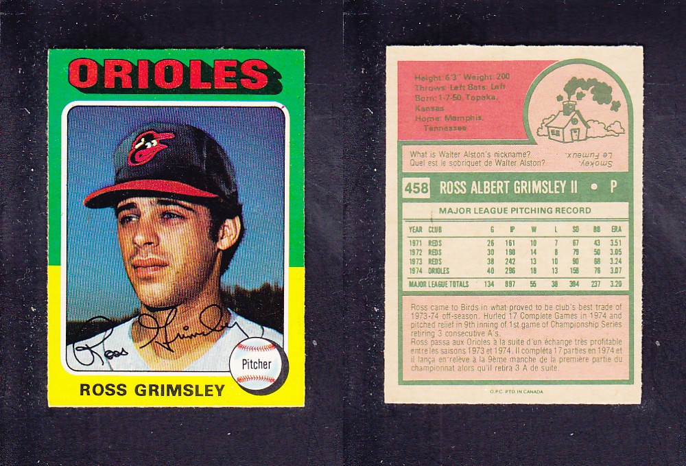 1975 O-PEE-CHEE BASEBALL CARD #458 R. GRIMSLEY photo