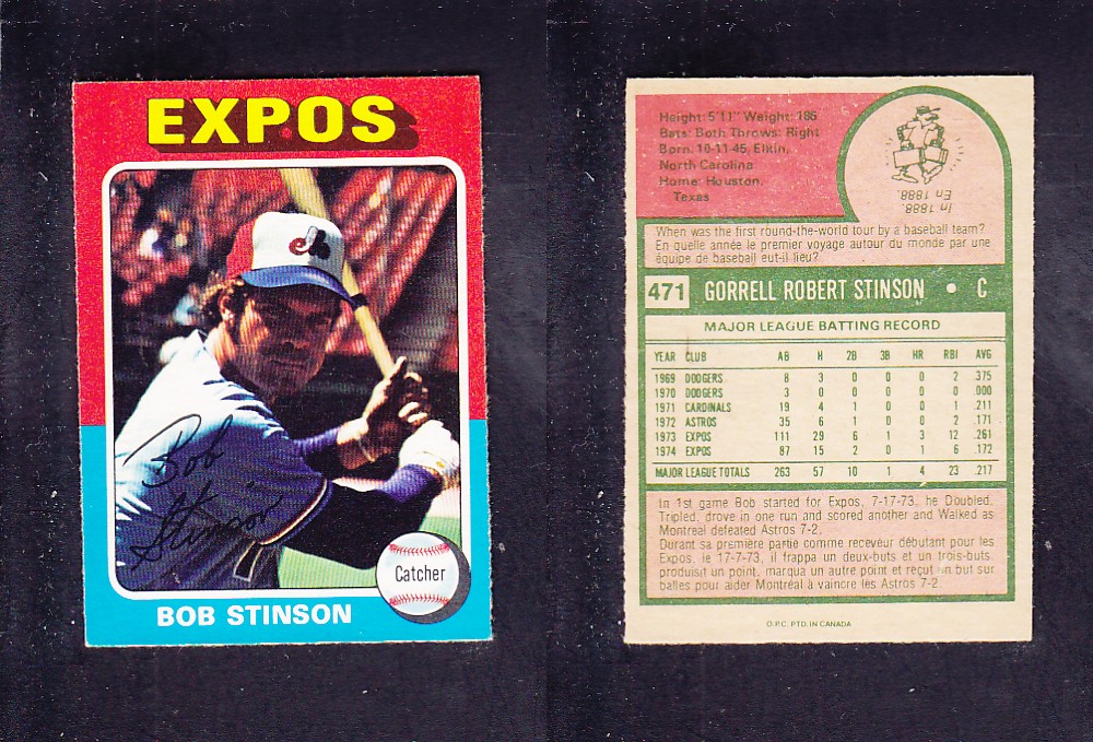 1975 O-PEE-CHEE BASEBALL CARD #471 B. STINSON photo 1975 O-PEE-CHEE BASEBALL CARD #471 B. STINSON photo