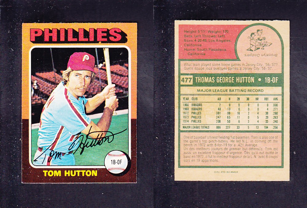 1975 O-PEE-CHEE BASEBALL CARD #477 T. HUTTON photo 1975 O-PEE-CHEE BASEBALL CARD #477 T. HUTTON photo