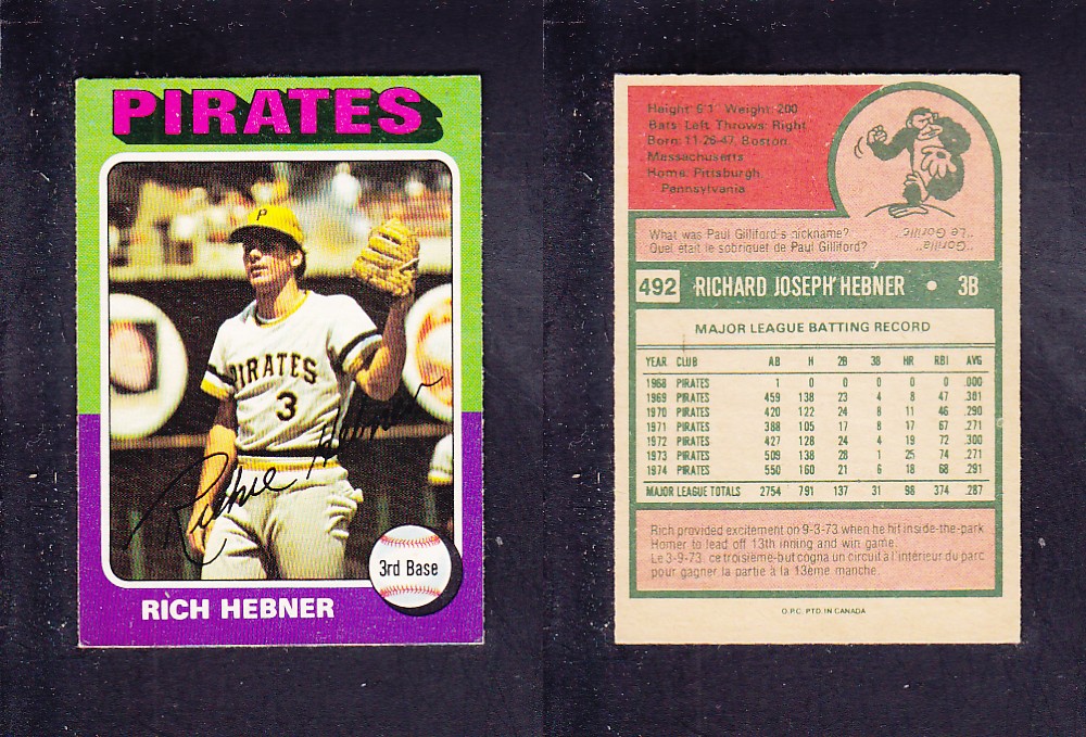 1975 O-PEE-CHEE BASEBALL CARD #492 R. HEBNER photo 1975 O-PEE-CHEE BASEBALL CARD #492 R. HEBNER photo