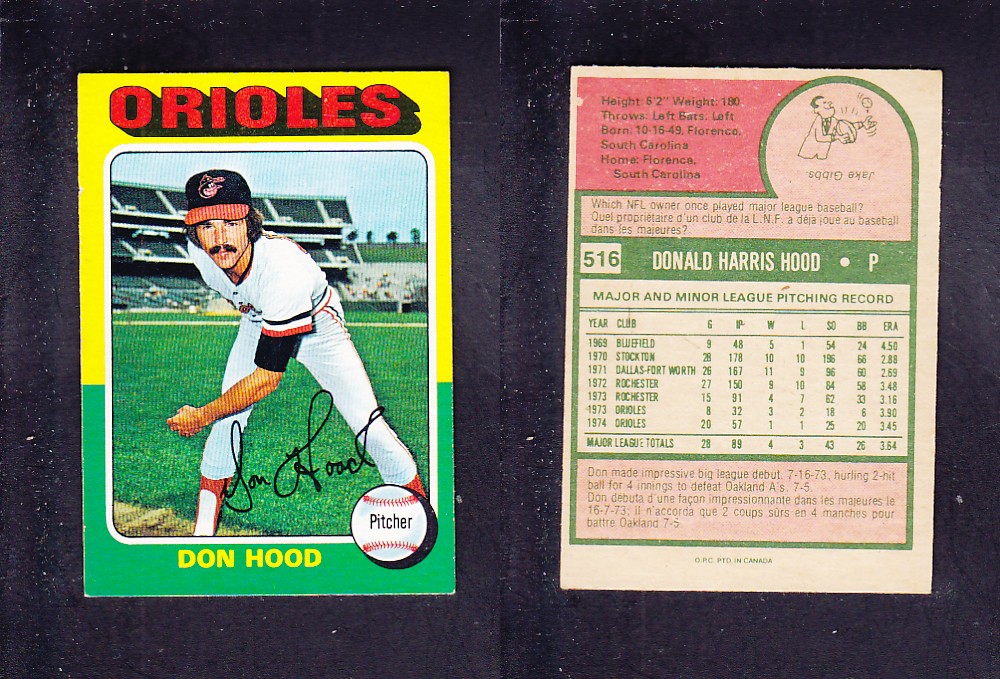 1975 O-PEE-CHEE BASEBALL CARD #516 D. HOOD photo 1975 O-PEE-CHEE BASEBALL CARD #516 D. HOOD photo
