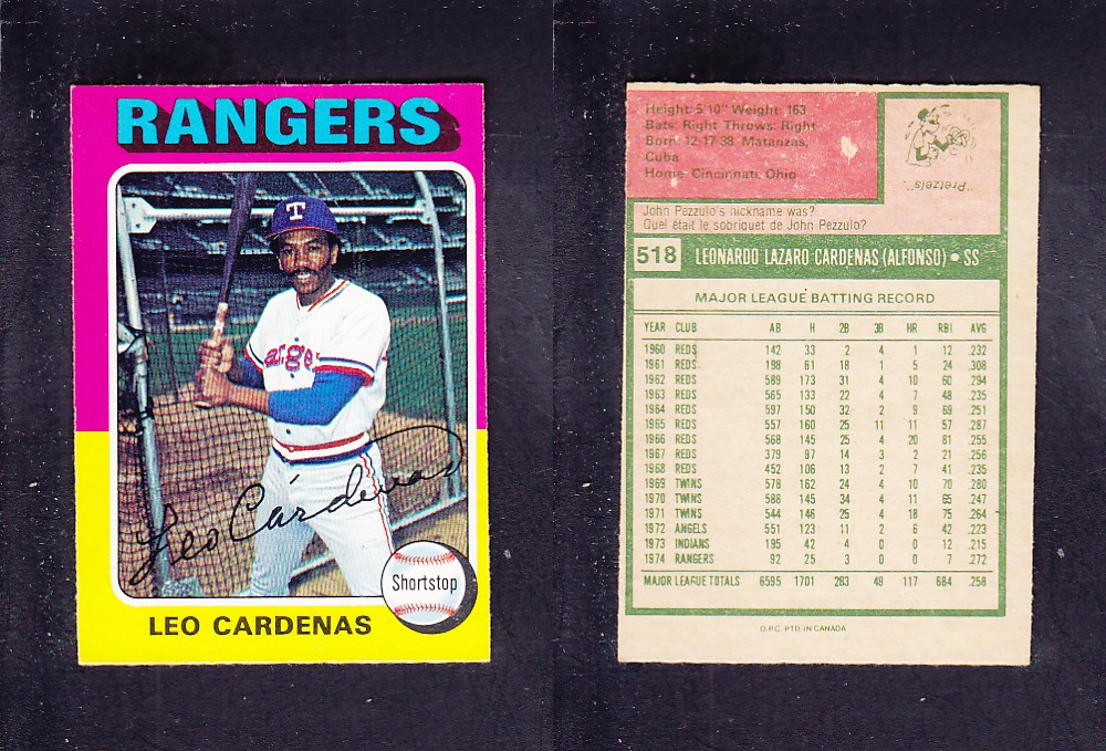 1975 O-PEE-CHEE BASEBALL CARD #518 L. CARDENAS photo 1975 O-PEE-CHEE BASEBALL CARD #518 L. CARDENAS photo