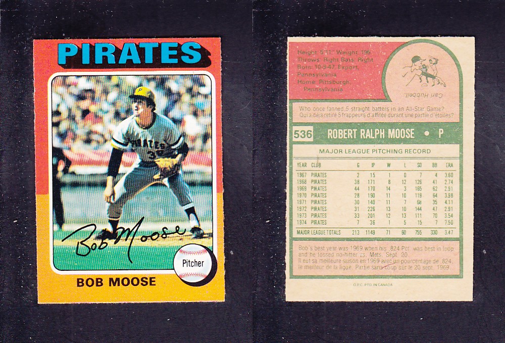 1975 O-PEE-CHEE BASEBALL CARD #536 B. MOOSE photo 1975 O-PEE-CHEE BASEBALL CARD #536 B. MOOSE photo