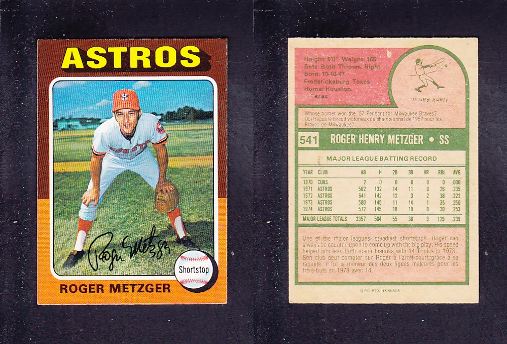 1975 O-PEE-CHEE BASEBALL CARD #541 R. METZGER photo 1975 O-PEE-CHEE BASEBALL CARD #541 R. METZGER photo