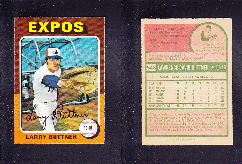 1975 O-PEE-CHEE BASEBALL CARD #543 L. BIITTNER photo 1975 O-PEE-CHEE BASEBALL CARD #543 L. BIITTNER photo
