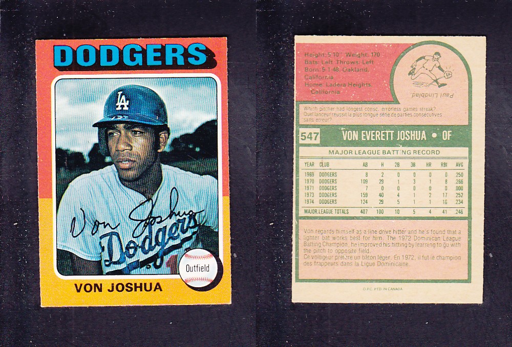1975 O-PEE-CHEE BASEBALL CARD #547 V. JOSHUA photo 1975 O-PEE-CHEE BASEBALL CARD #547 V. JOSHUA photo