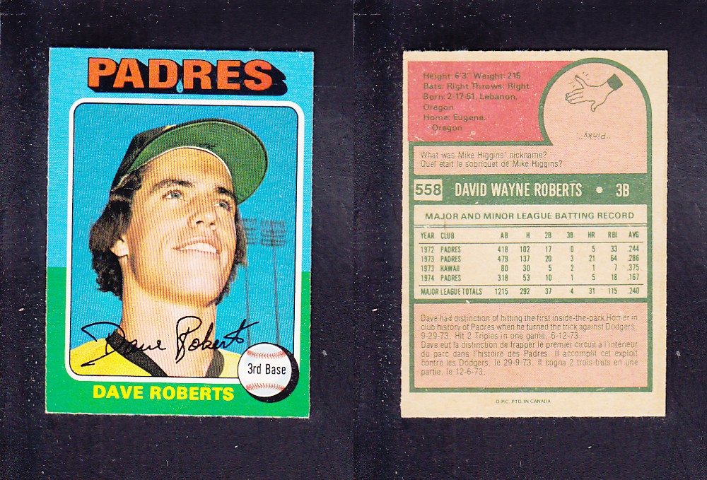 1975 O-PEE-CHEE BASEBALL CARD #558 D. ROBERTS photo 1975 O-PEE-CHEE BASEBALL CARD #558 D. ROBERTS photo