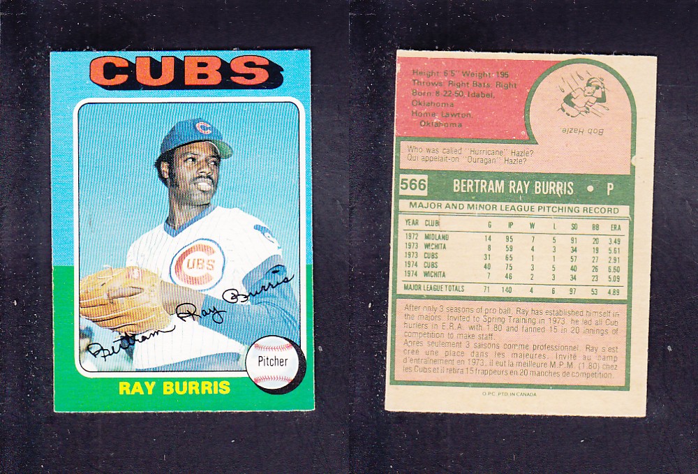 1975 O-PEE-CHEE BASEBALL CARD #566 R. BURRIS photo 1975 O-PEE-CHEE BASEBALL CARD #566 R. BURRIS photo