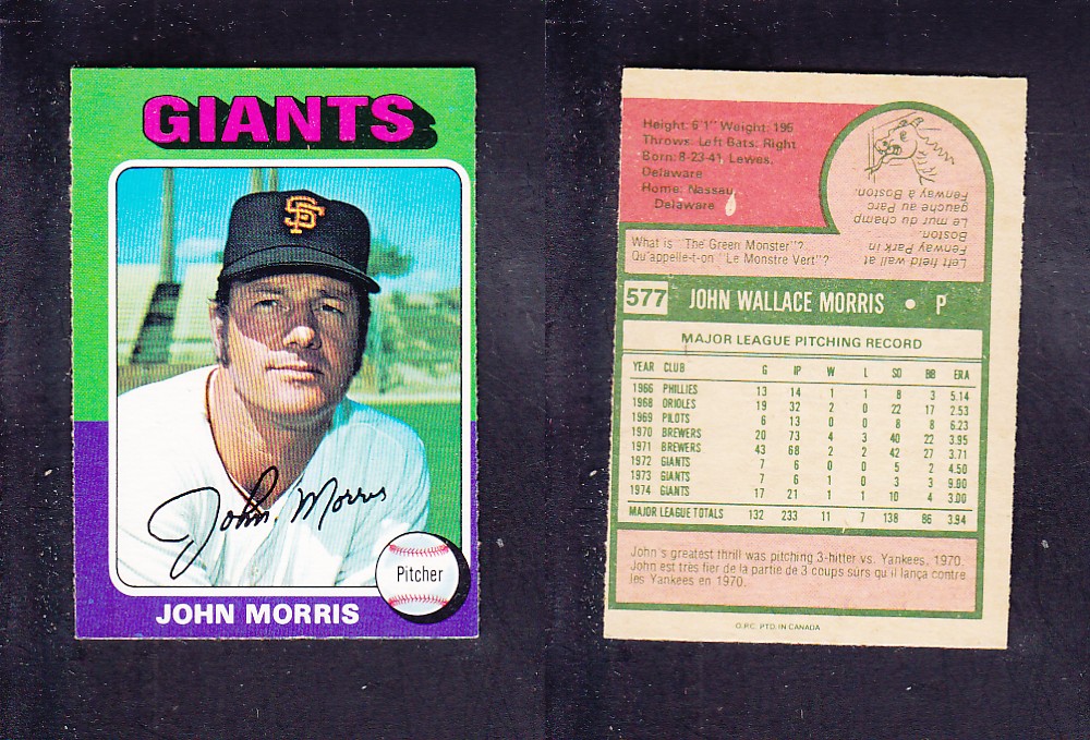 1975 O-PEE-CHEE BASEBALL CARD #577 J. MORRIS photo 1975 O-PEE-CHEE BASEBALL CARD #577 J. MORRIS photo