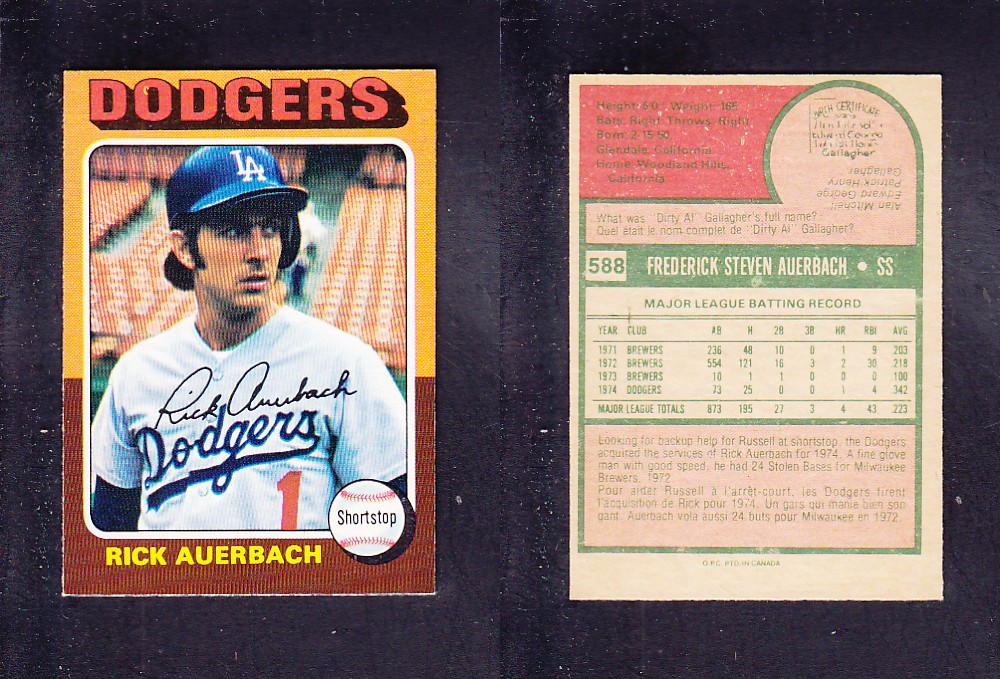 1975 O-PEE-CHEE BASEBALL CARD #588 R. AUERBACH photo 1975 O-PEE-CHEE BASEBALL CARD #588 R. AUERBACH photo