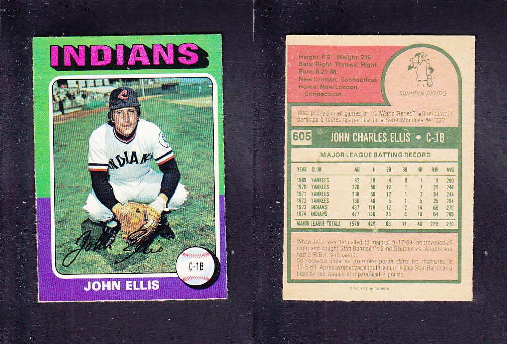 1975 O-PEE-CHEE BASEBALL CARD #605 J. ELLIS photo 1975 O-PEE-CHEE BASEBALL CARD #605 J. ELLIS photo