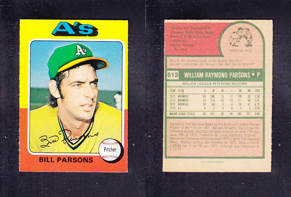 1975 O-PEE-CHEE BASEBALL CARD #613 B. PARSONS photo 1975 O-PEE-CHEE BASEBALL CARD #613 B. PARSONS photo