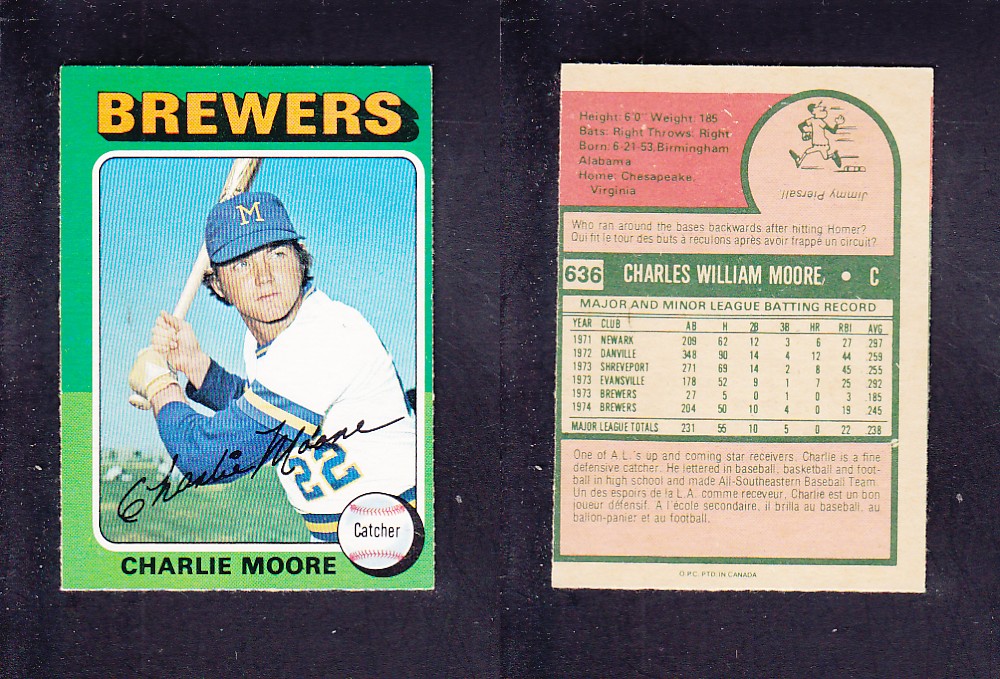 1975 O-PEE-CHEE BASEBALL CARD #636 C. MOORE photo