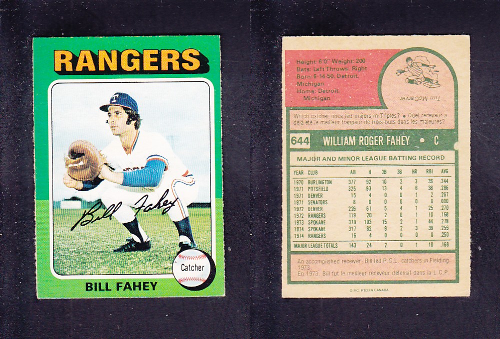 1975 O-PEE-CHEE BASEBALL CARD #644 B. FAHEY photo 1975 O-PEE-CHEE BASEBALL CARD #644 B. FAHEY photo