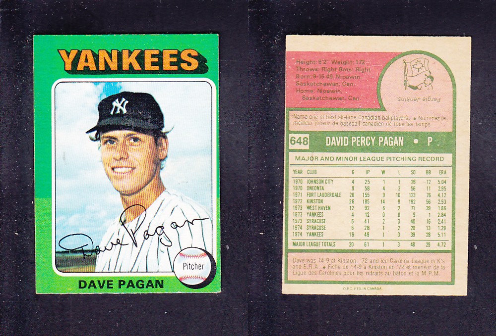 1975 O-PEE-CHEE BASEBALL CARD #648 D. PAGAN photo