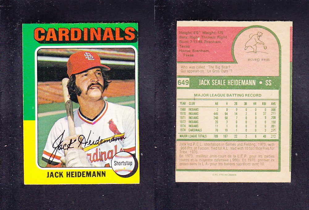 1975 O-PEE-CHEE BASEBALL CARD #649 J. HEIDEMANN photo 1975 O-PEE-CHEE BASEBALL CARD #649 J. HEIDEMANN photo
