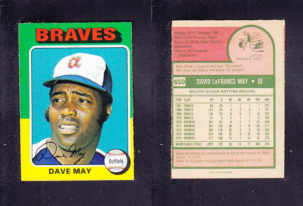 1975 O-PEE-CHEE BASEBALL CARD #650 D. MAY photo