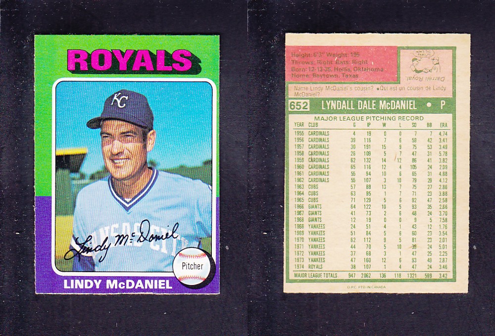 1975 O-PEE-CHEE BASEBALL CARD #652 L. McDANIEL photo 1975 O-PEE-CHEE BASEBALL CARD #652 L. McDANIEL photo